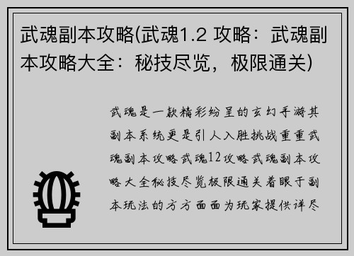 武魂副本攻略(武魂1.2 攻略：武魂副本攻略大全：秘技尽览，极限通关)