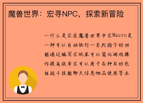 魔兽世界：宏寻NPC，探索新冒险