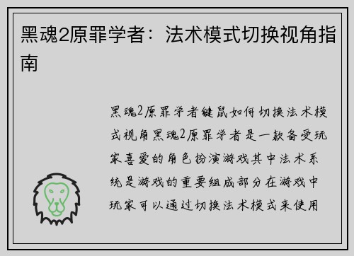 黑魂2原罪学者：法术模式切换视角指南