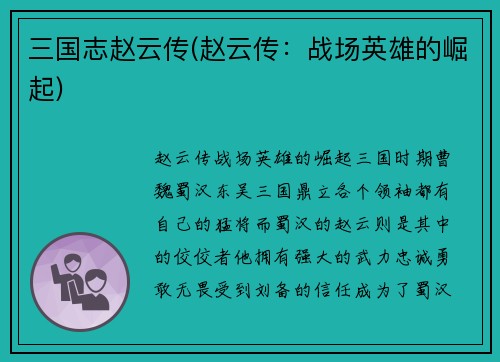 三国志赵云传(赵云传：战场英雄的崛起)